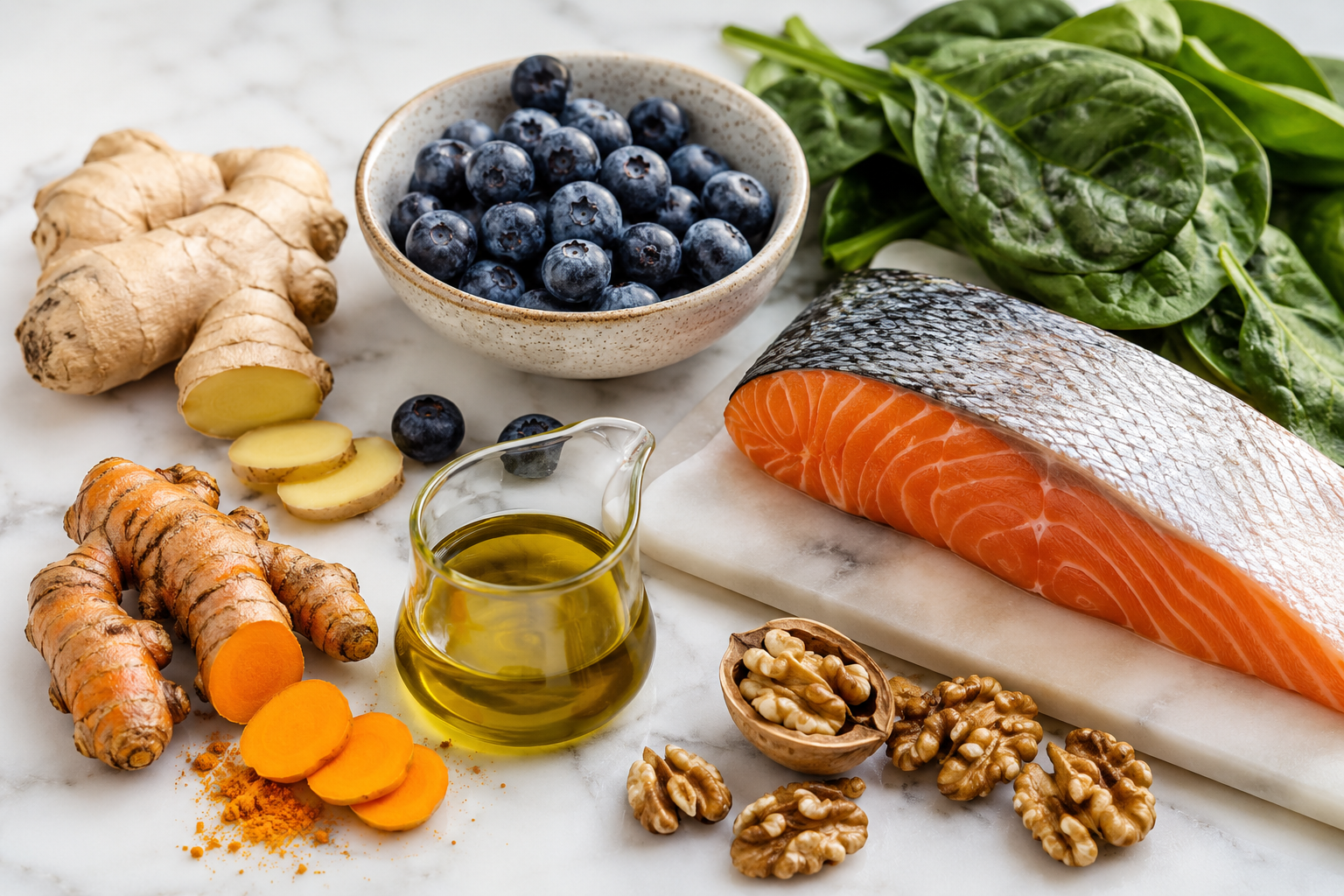 Alimentos antiinflamatorios: cúrcuma, jengibre, arándanos, salmón y aceite de oliva sobre mármol blanco