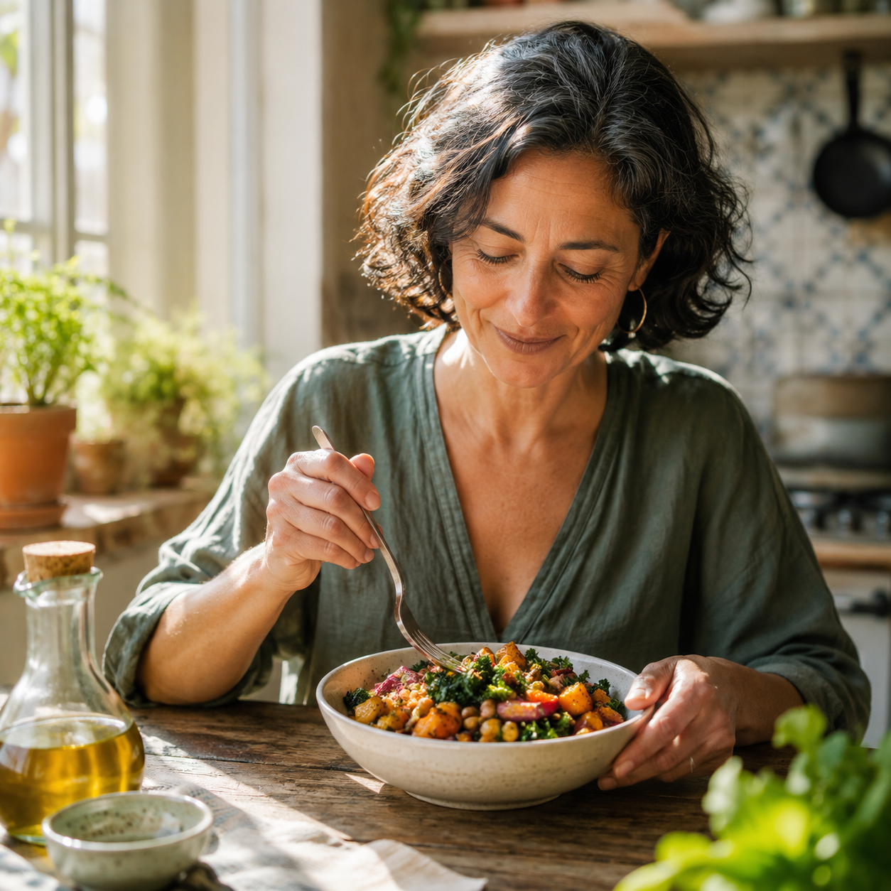 Persona en sus 50 comiendo un plato colorido de verduras y legumbres en una cocina luminosa
