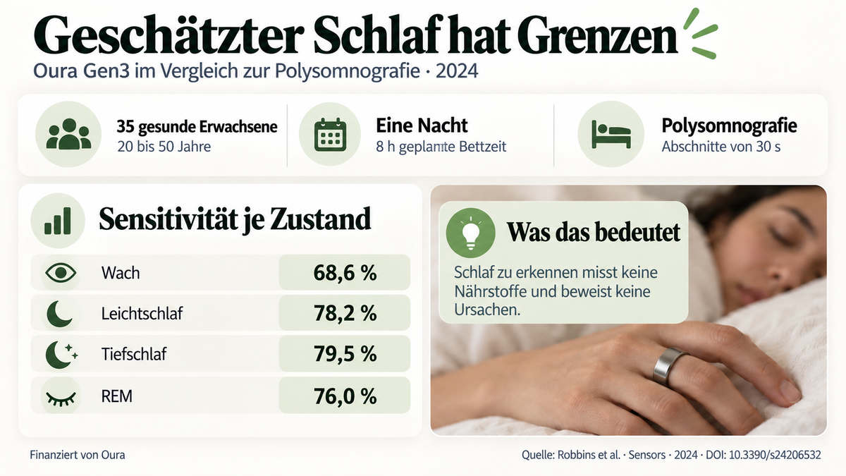 Oura Gen3 Studie: 35 Erwachsene, eine Nacht und Sensitivität von Wachzustand und drei Schlafstadien im Vergleich zur Polysomnographie