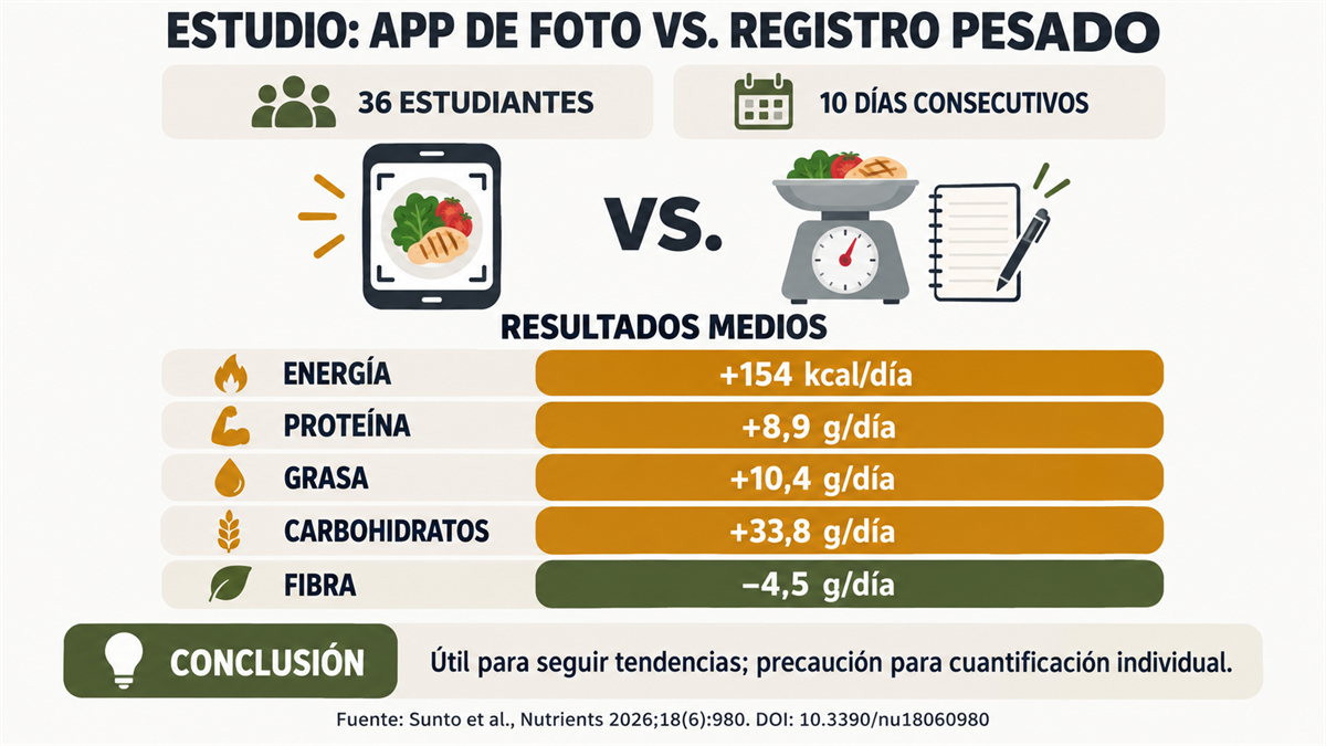 Infografía del estudio que compara una app de reconocimiento de comidas con un registro pesado