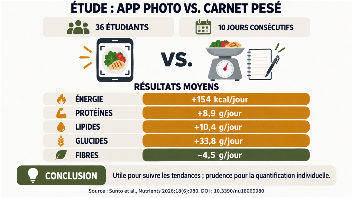 Infographie de l'étude comparant une application de reconnaissance de repas à un enregistrement par pesée