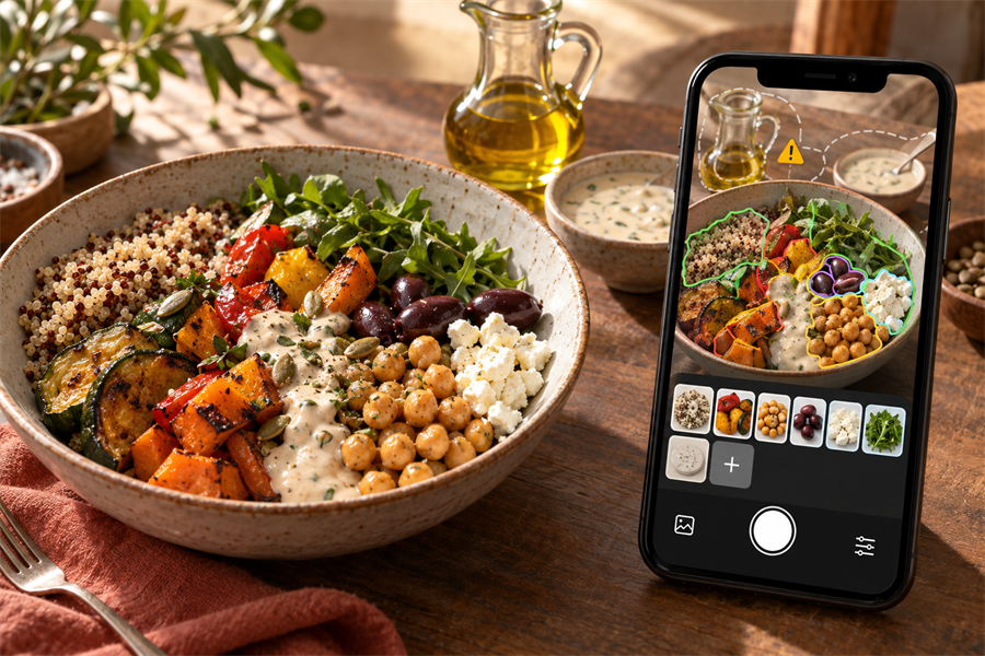 Ernährungs-App erkennt ein komplexes Gericht, weist jedoch auf Zweifel bezüglich Öl und Soße hin
