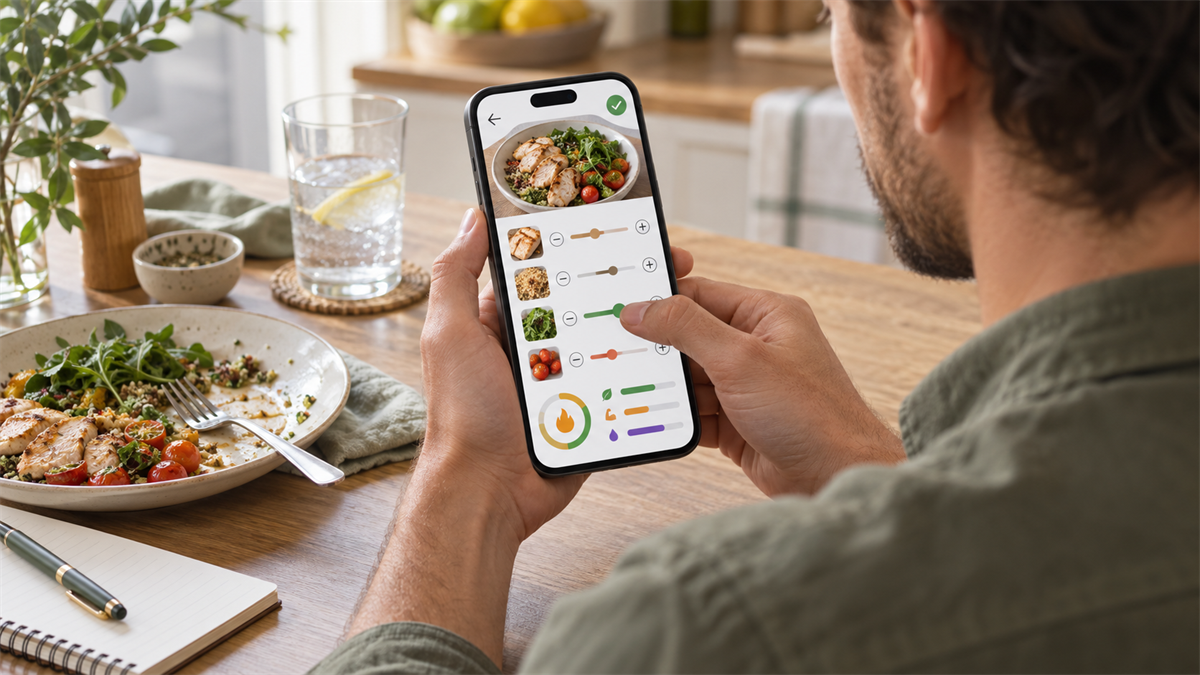 Person korrigiert Portionsgrößen und Zutaten in einer Ernährungs-App