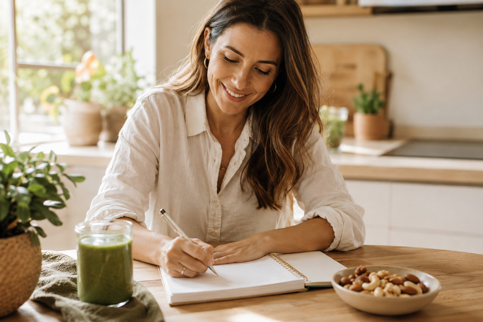 Smiling woman writing in her food diary next to a green smoothie