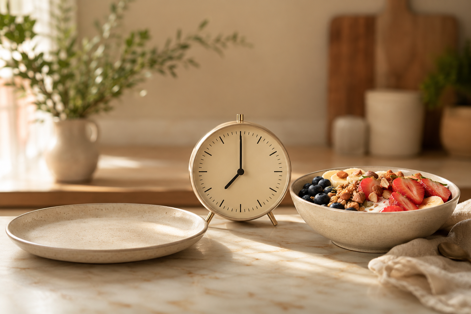 A clock between an empty plate and a healthy breakfast bowl, representing the eating window