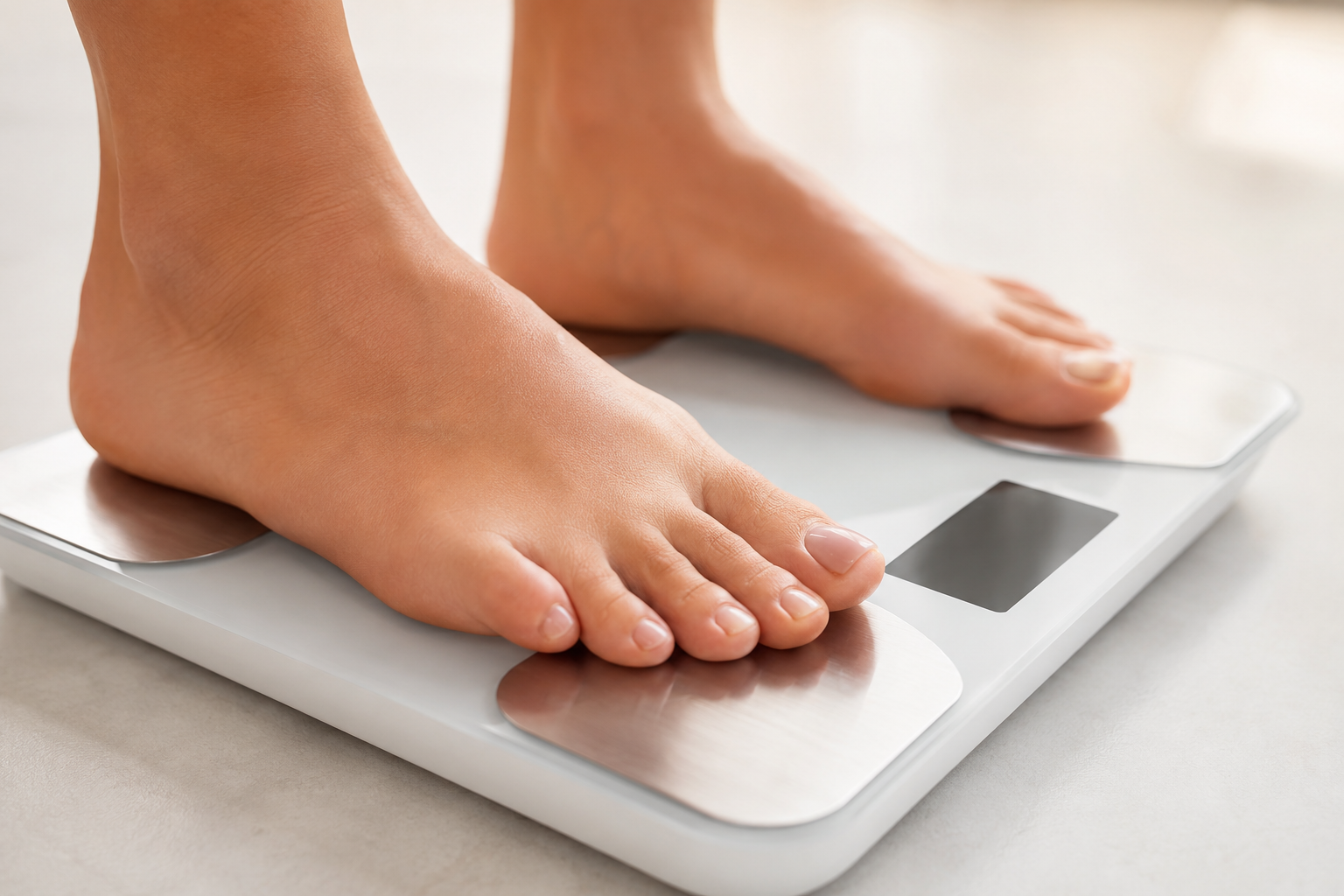 Feet on the bioimpedance electrodes of a smart scale