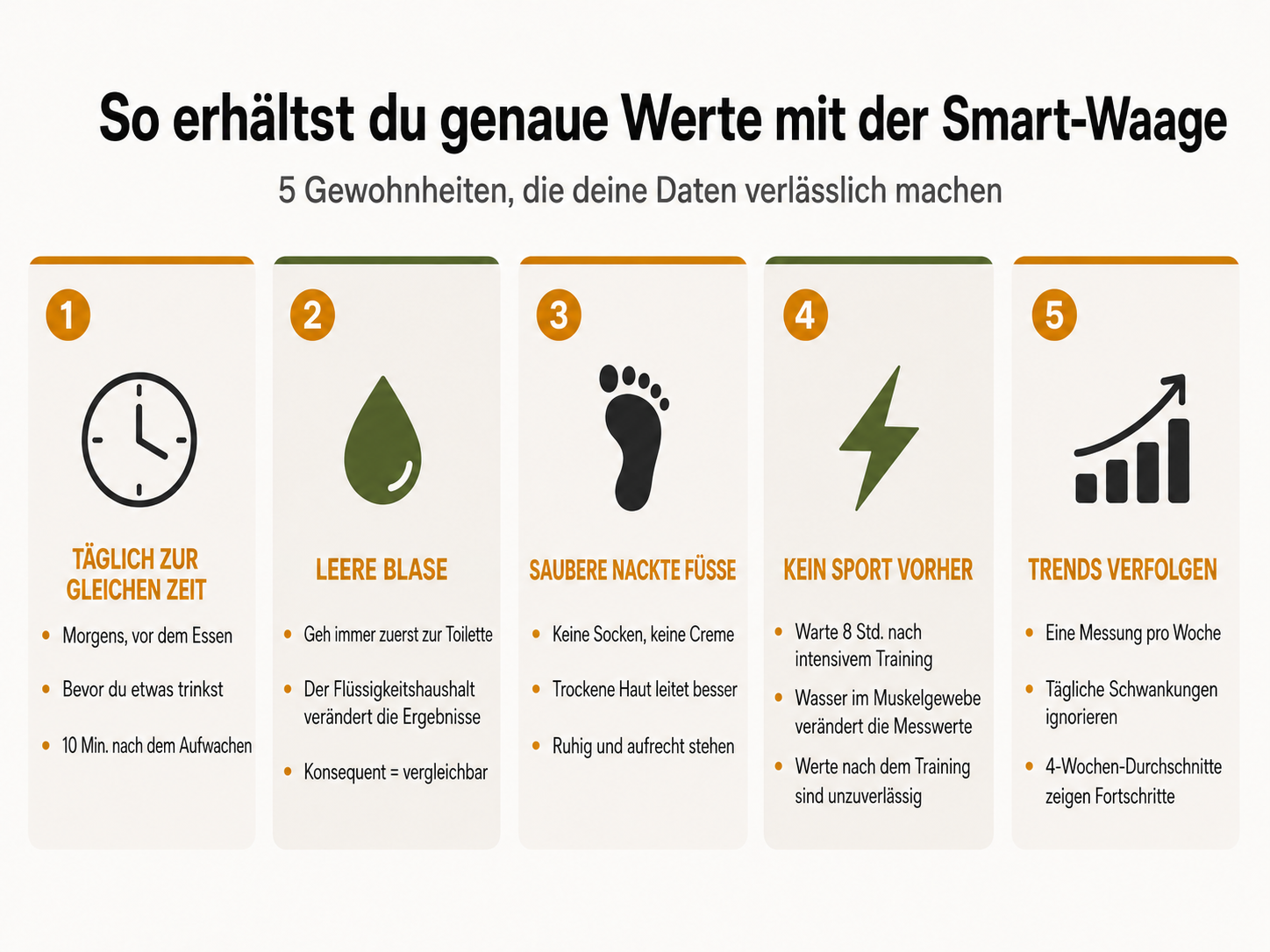 Infografik mit den 5 Schritten für präzise Messungen mit einer intelligenten Waage