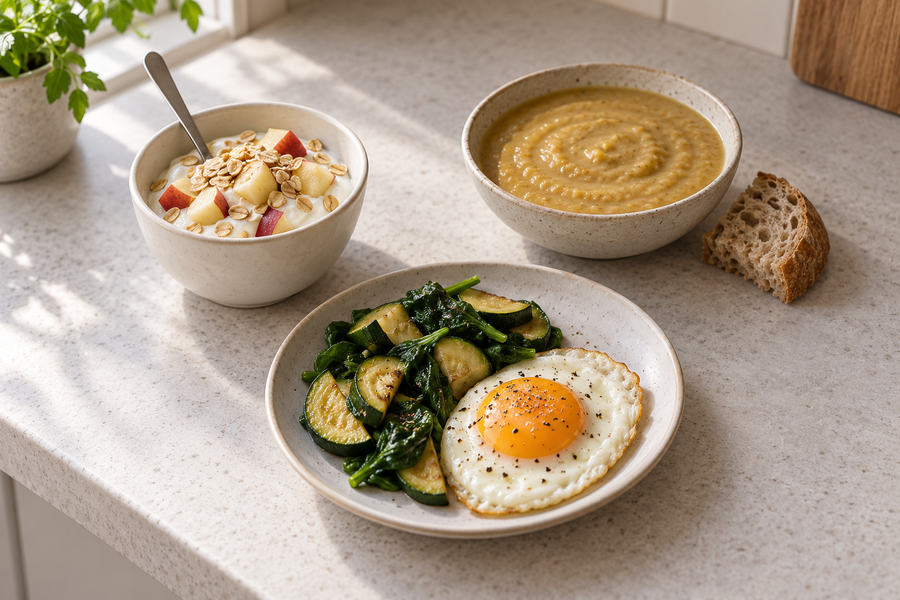 Three small combinations: yogurt with apple and oats, legume cream with bread, and egg with vegetables