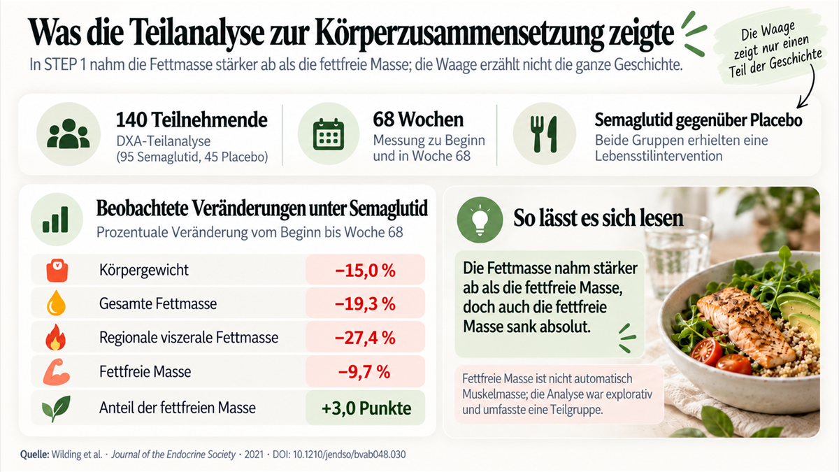 Infografik der DXA-Teilstudie von STEP 1 zu Gewichts-, Fett- und Magermassenveränderungen