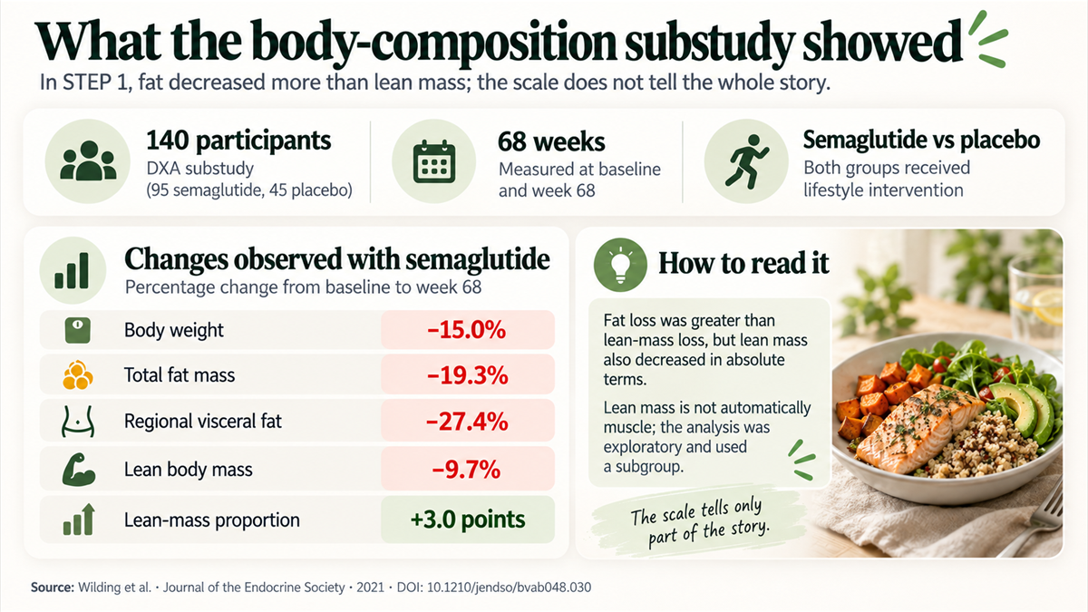 Infographic of the STEP 1 DXA substudy on changes in weight, fat, and lean mass