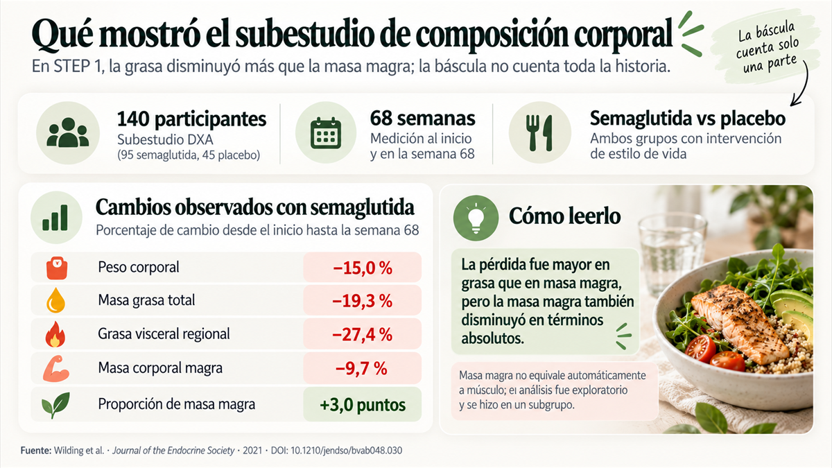 Infografía del subestudio DXA de STEP 1 sobre cambios de peso, grasa y masa magra