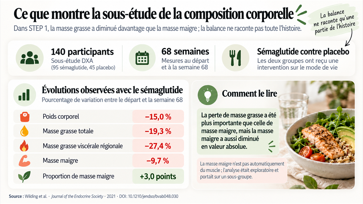 Infographie du sous-étude DXA de STEP 1 sur les changements de poids, de graisse et de masse maigre