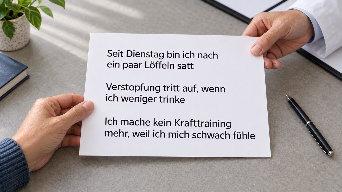 Eine Person überreicht dem Fachpersonal ein Blatt mit den drei Beobachtungen aus dem Text zu Sättigung, Flüssigkeit und Kraft