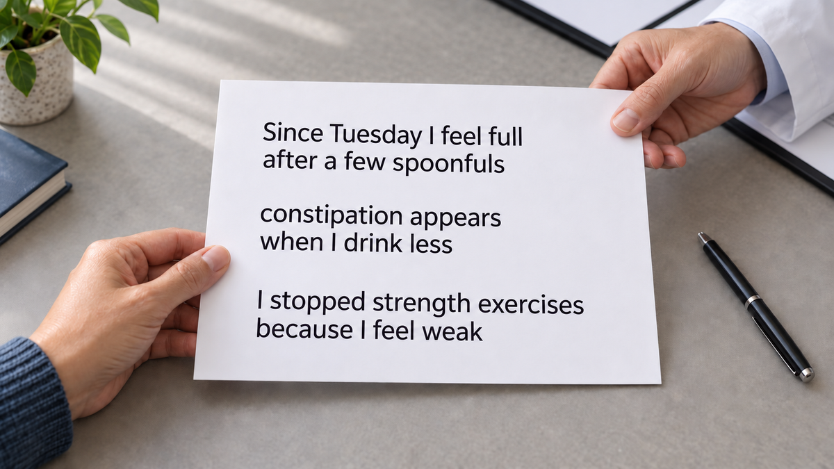 A person hands a professional a sheet with the three observations from the text about satiety, fluids, and strength