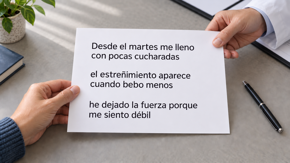 Una persona entrega al profesional una hoja con las tres observaciones del texto sobre saciedad, líquidos y fuerza