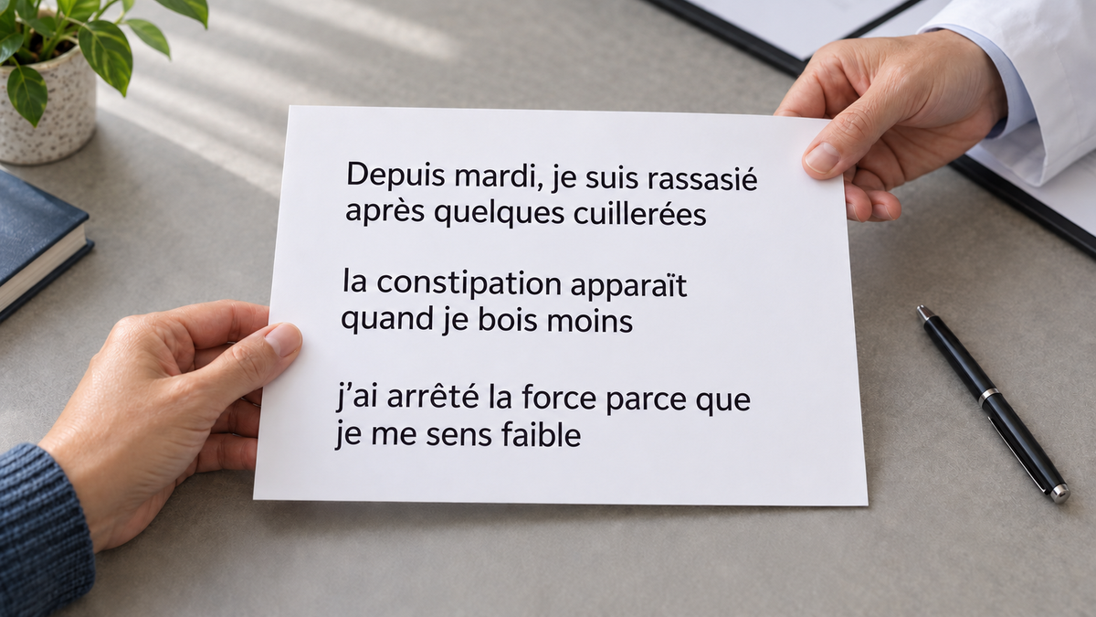 Une personne remet au professionnel une feuille contenant les trois observations du texte sur la satiété, les liquides et la force