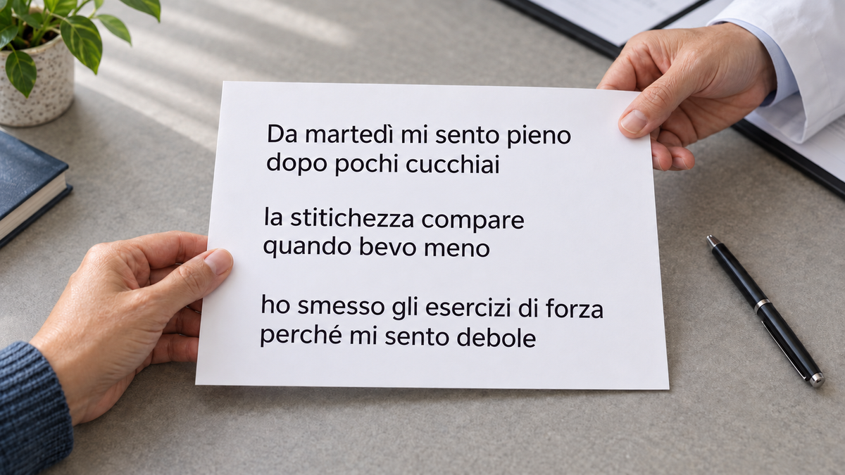 Una persona consegna al professionista un foglio con le tre osservazioni del testo su sazietà, liquidi e forza