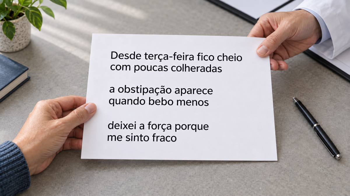 Uma pessoa entrega ao profissional uma folha com as três observações do texto sobre saciedade, líquidos e força