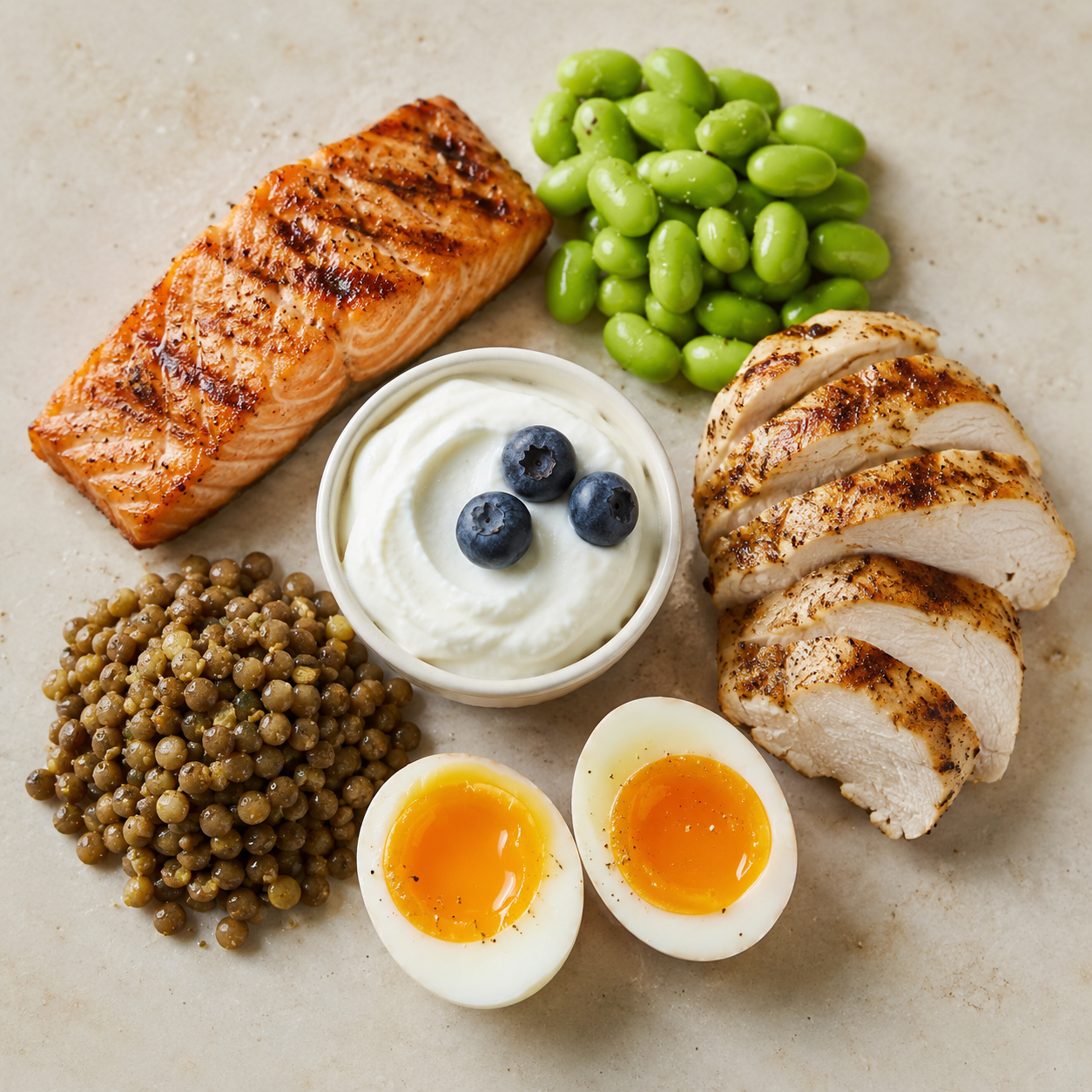 Selection of protein-rich foods: salmon, edamame, chicken, Greek yogurt, lentils, and boiled eggs