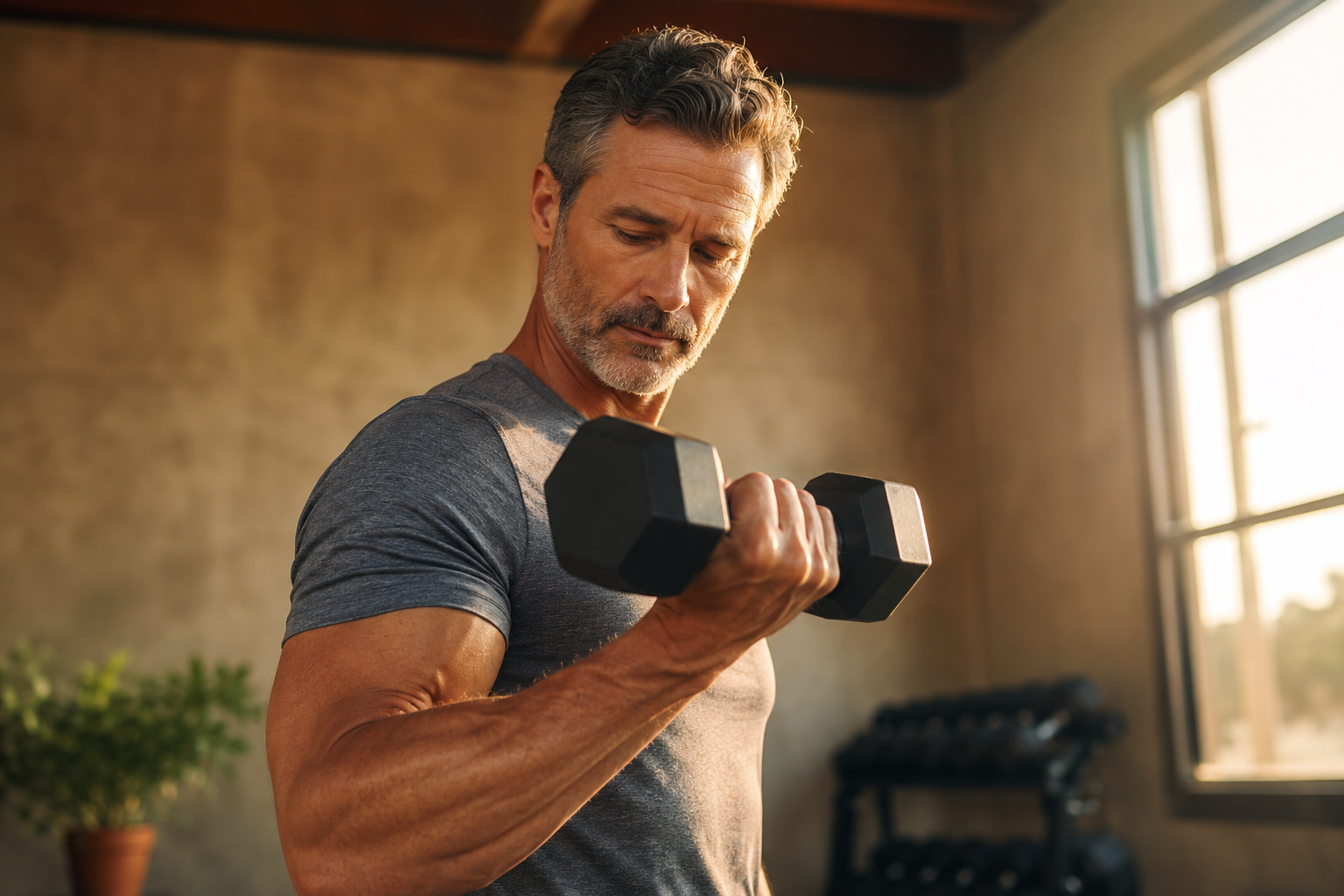 Hombre de mediana edad realizando curl de bíceps con mancuernas en un gimnasio en casa