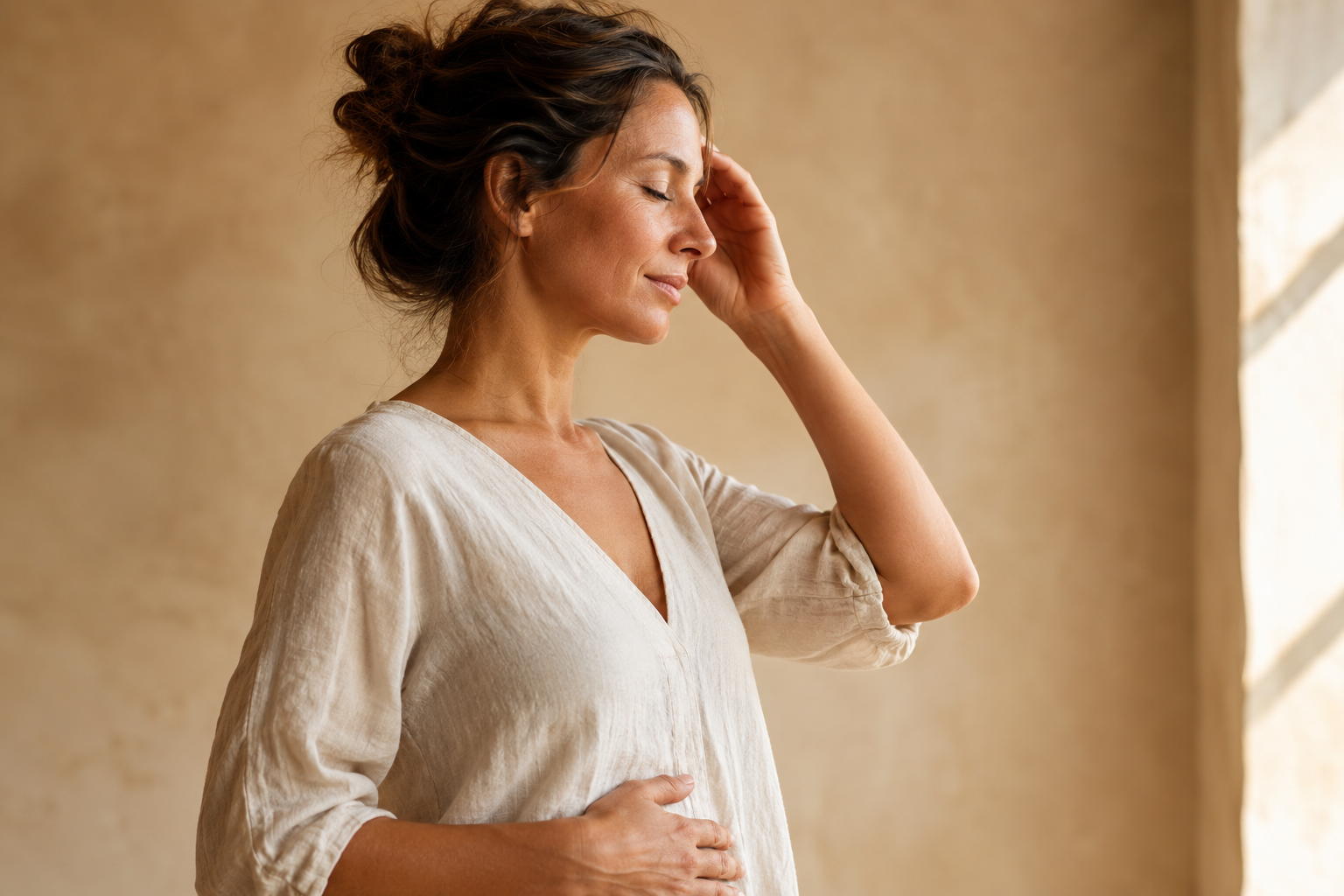 Woman holding her abdomen and head, representing the gut-brain connection