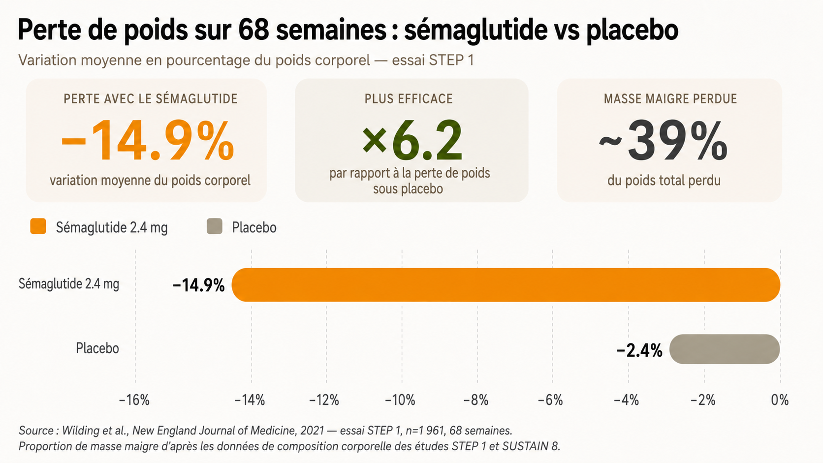 Graphique comparatif de la perte de poids avec le sémaglutide 2,4 mg versus placebo dans l'essai STEP 1 à 68 semaines
