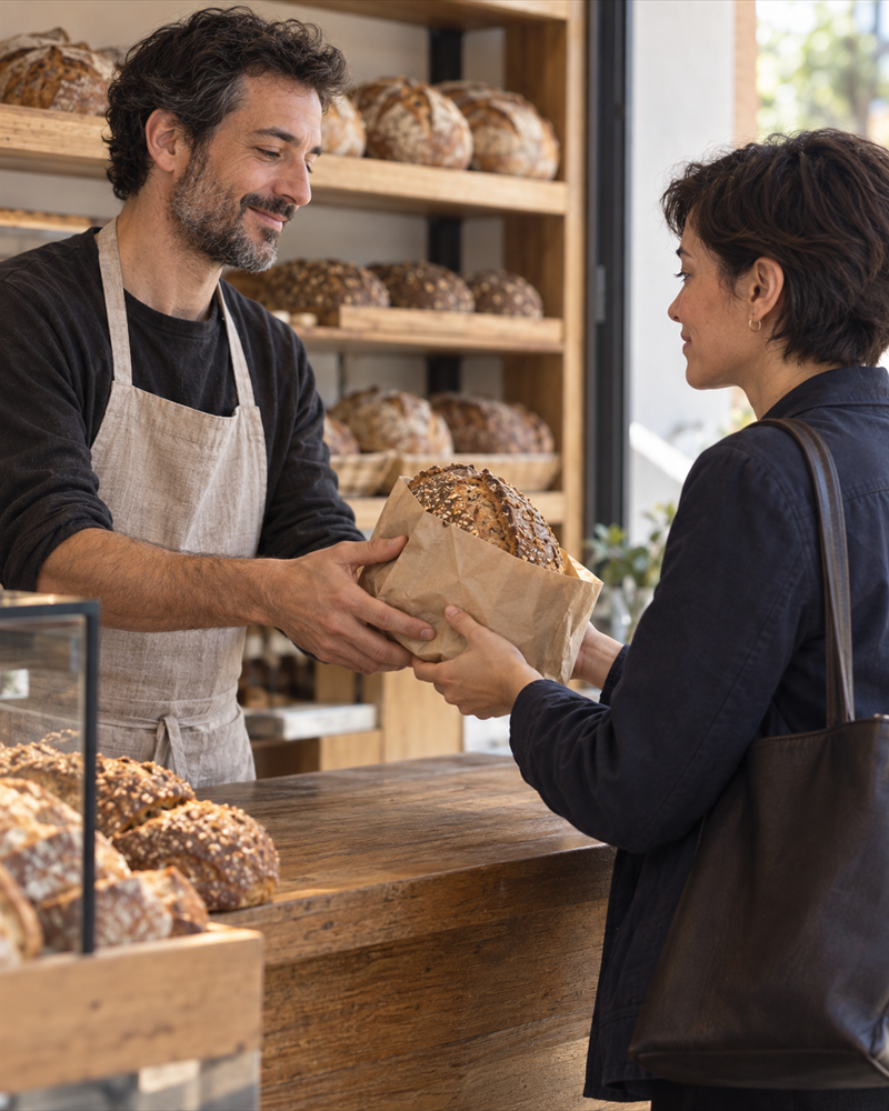 Eine Person erhält einen Laib Brot in einer unbedruckten Papiertüte in einer Bäckerei