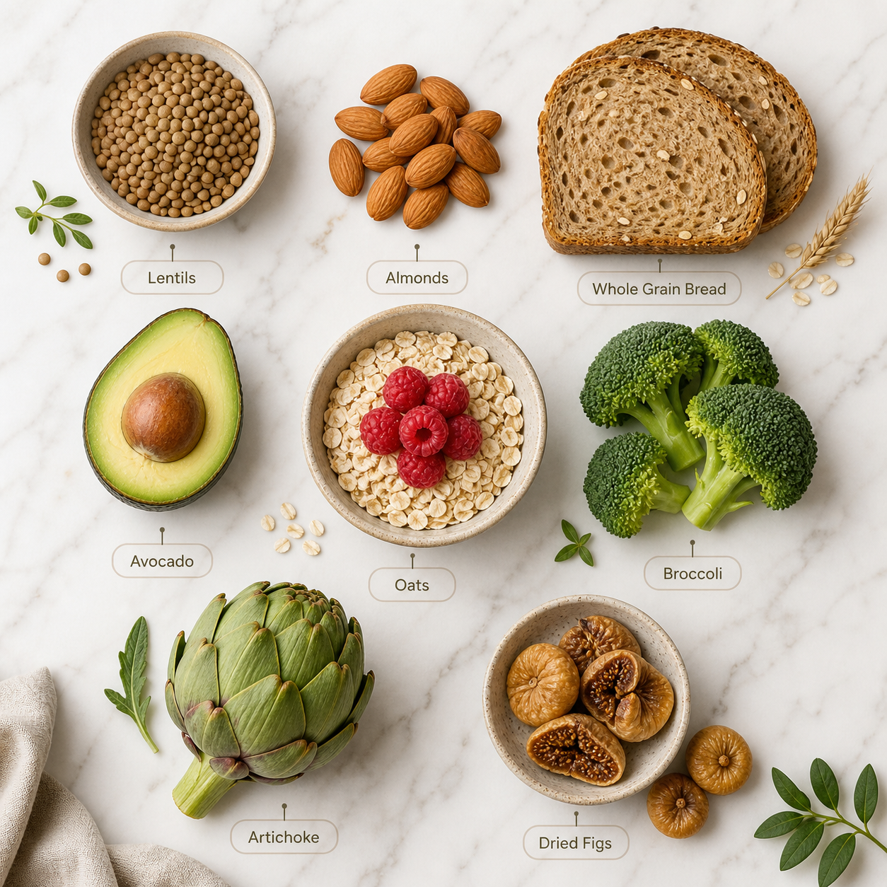 Selection of the best fiber-rich foods: legumes, nuts, whole grains, and fruits