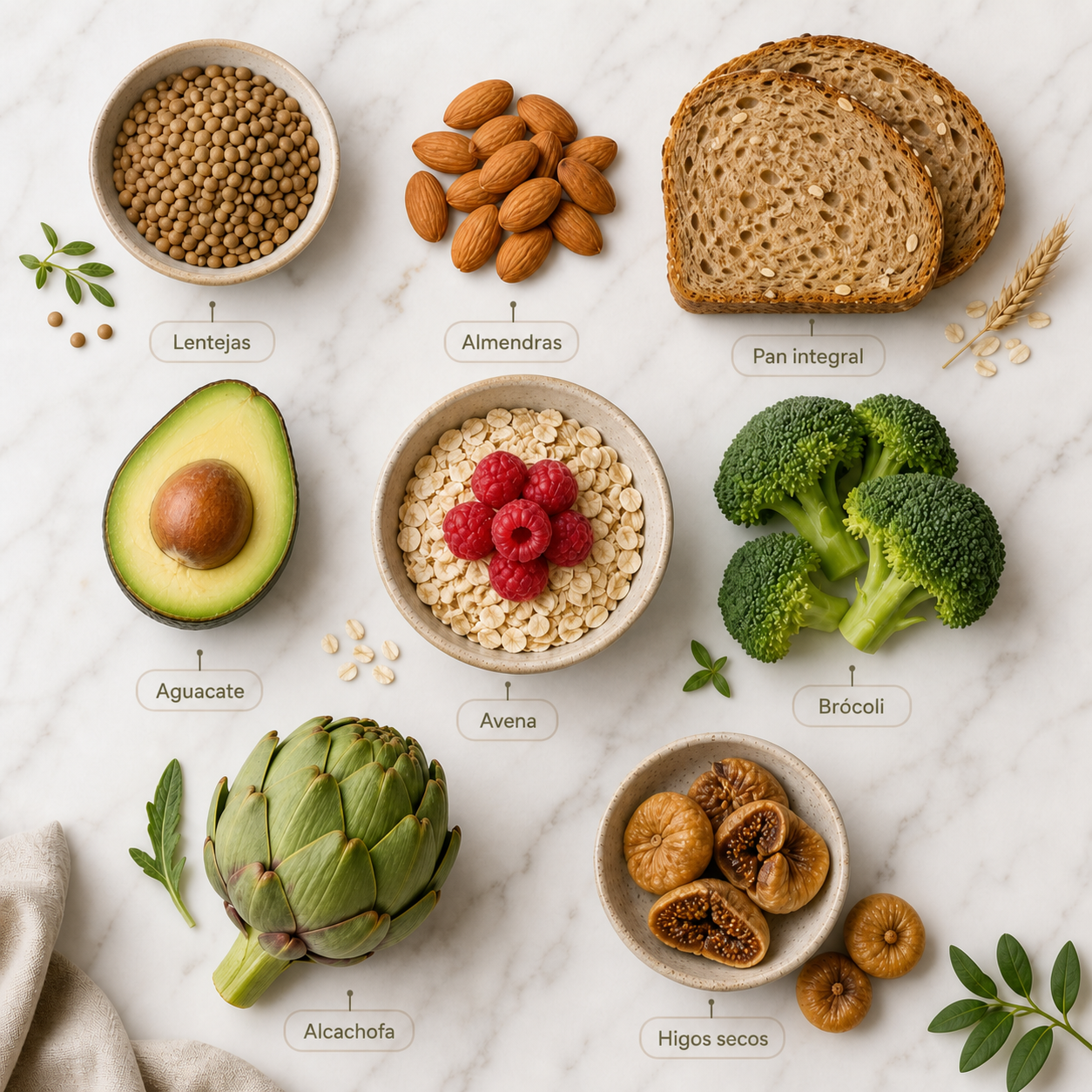 Selección de los mejores alimentos ricos en fibra: legumbres, frutos secos, cereales integrales y frutas