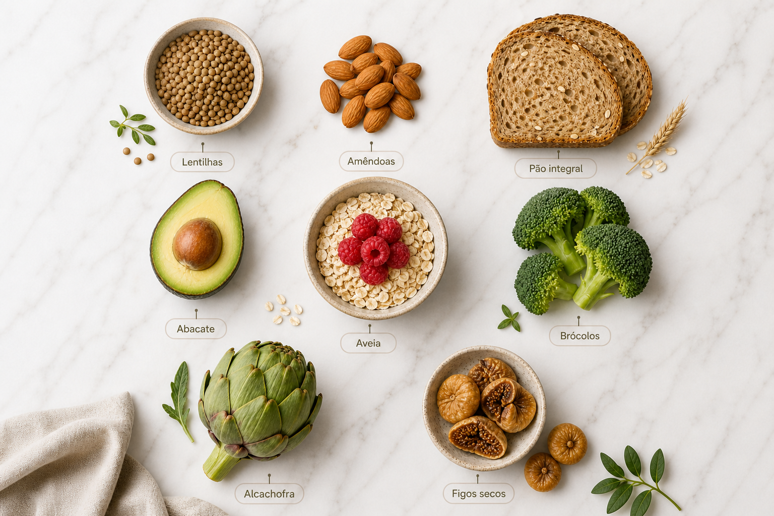 Seleção dos melhores alimentos ricos em fibra: leguminosas, frutos secos, cereais integrais e frutas