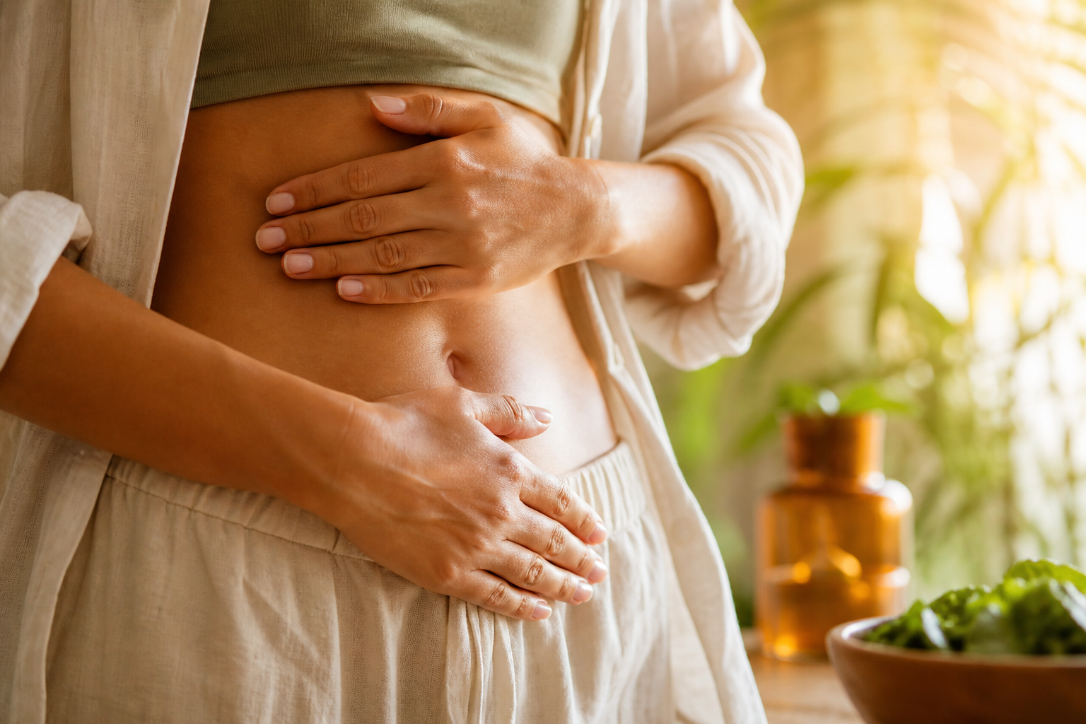 Person with hands on abdomen conveying a sense of digestive well-being