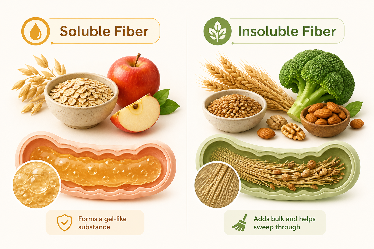 Comparative illustration of soluble and insoluble fiber with their food sources