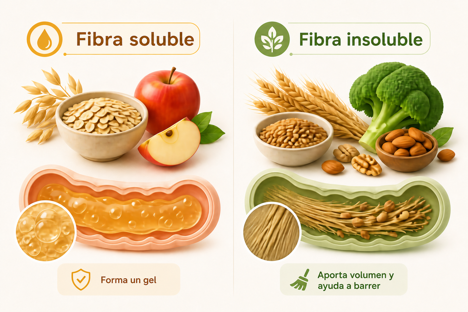 Ilustración comparativa de fibra soluble e insoluble con sus fuentes alimentarias