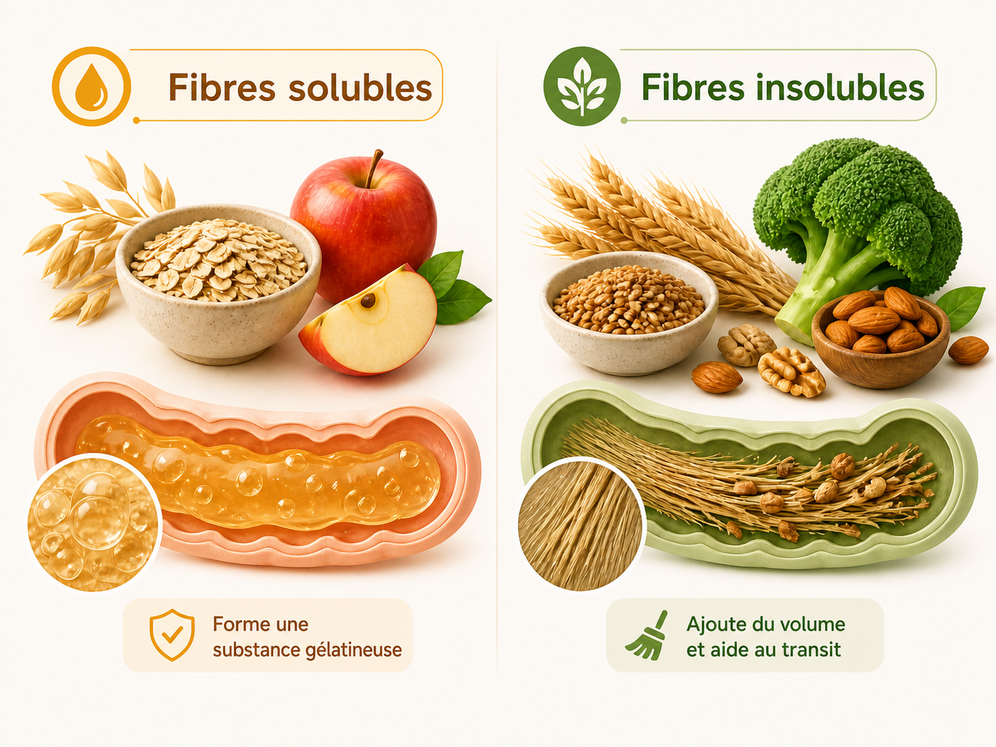 Illustration comparative de la fibre soluble et insoluble avec leurs sources alimentaires