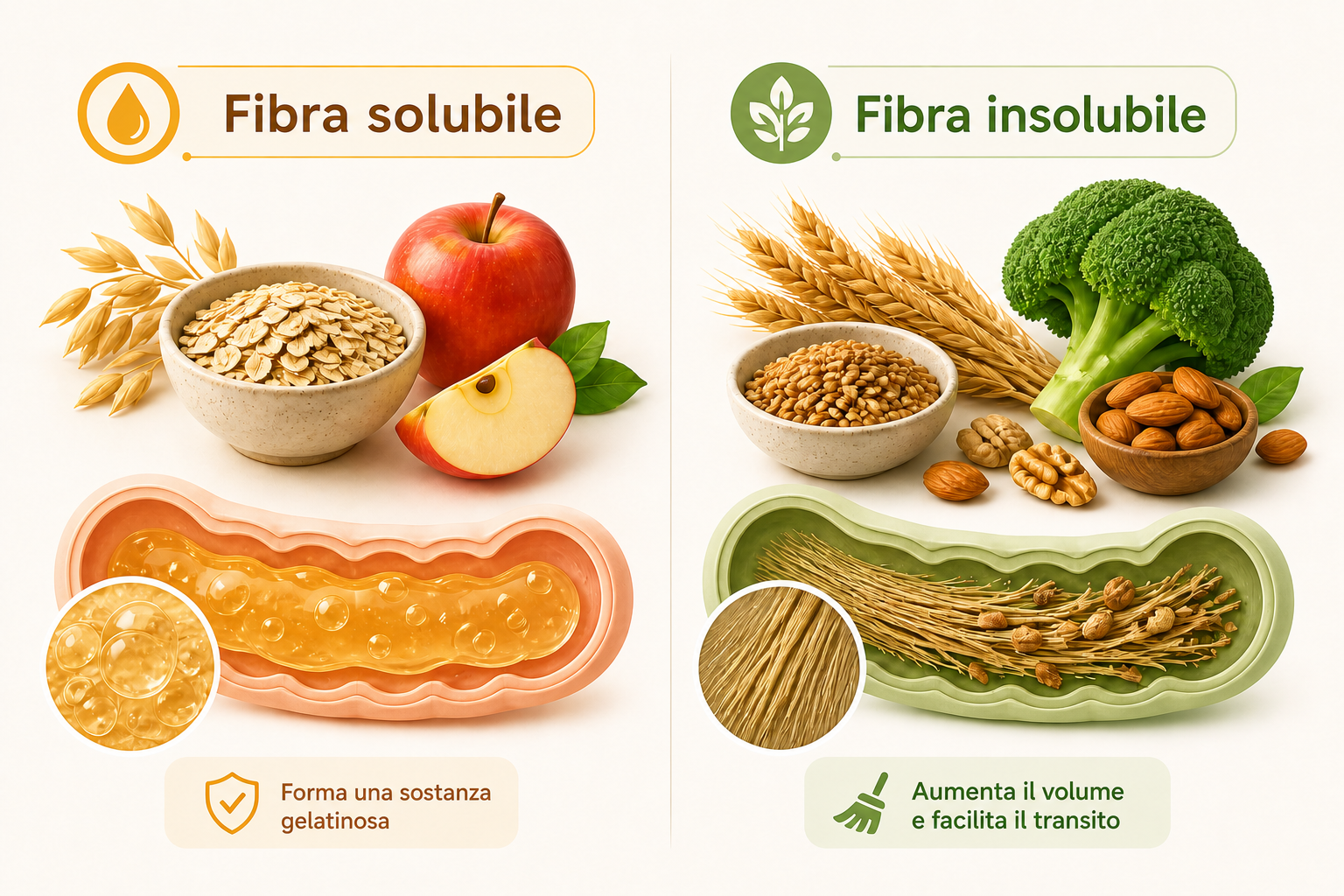 Illustrazione comparativa di fibra solubile e insolubile con le sue fonti alimentari