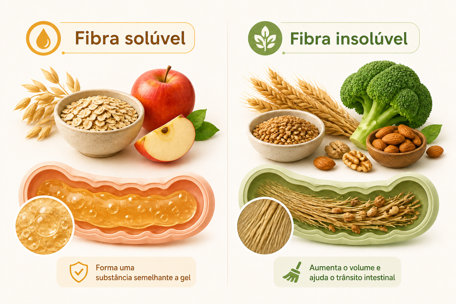 Ilustração comparativa de fibra solúvel e insolúvel com suas fontes alimentares