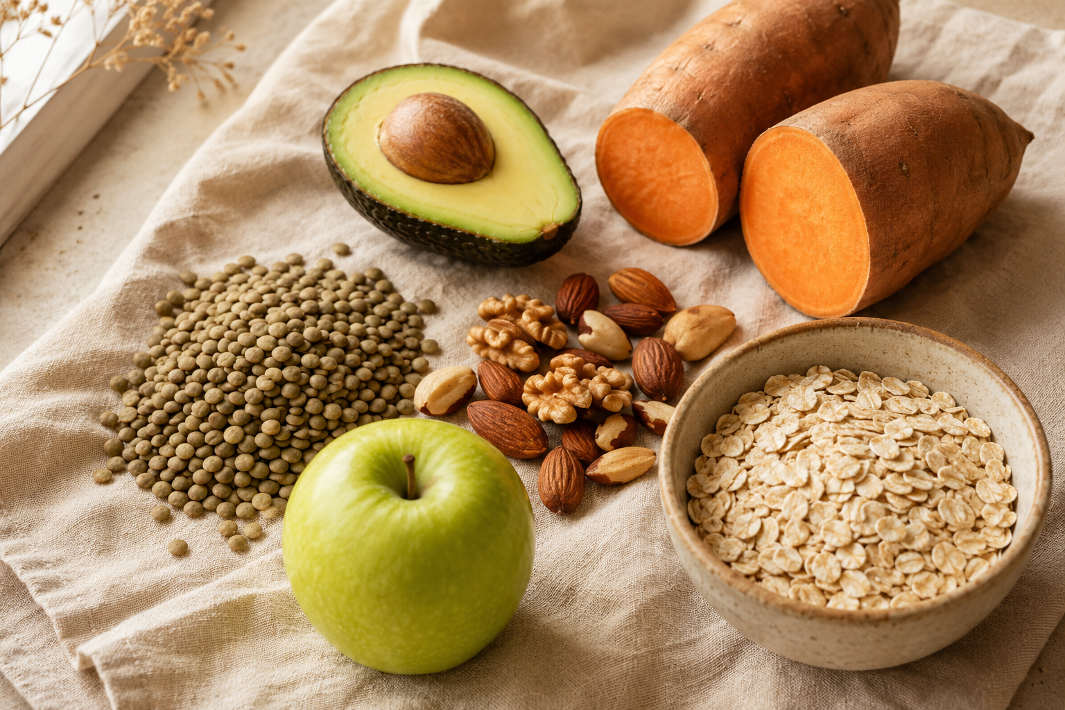 Alimentos de bajo índice glucémico: lentejas, aguacate, frutos secos, manzana y avena