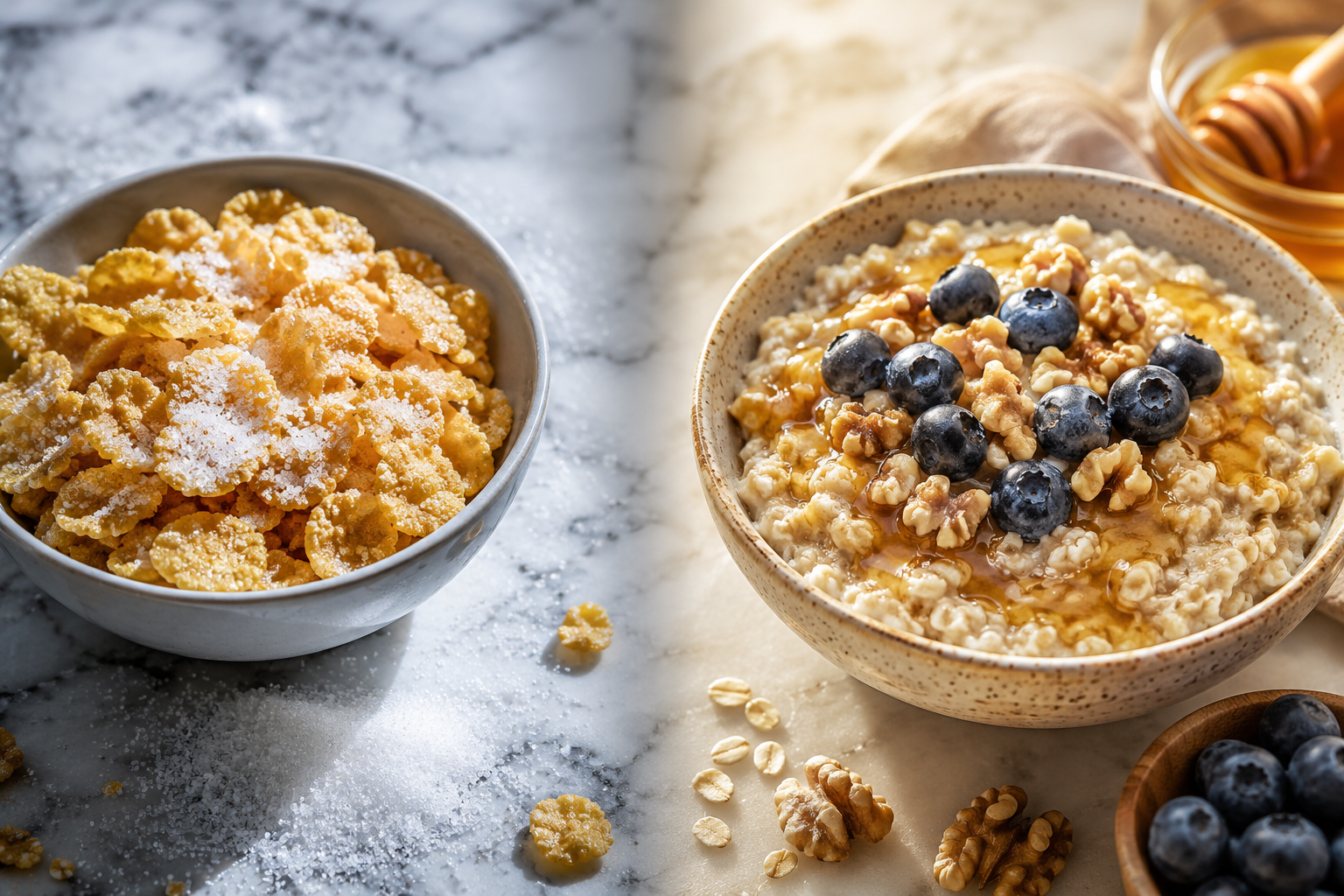 Comparison between a sugary cereal breakfast and an oatmeal with fruit breakfast