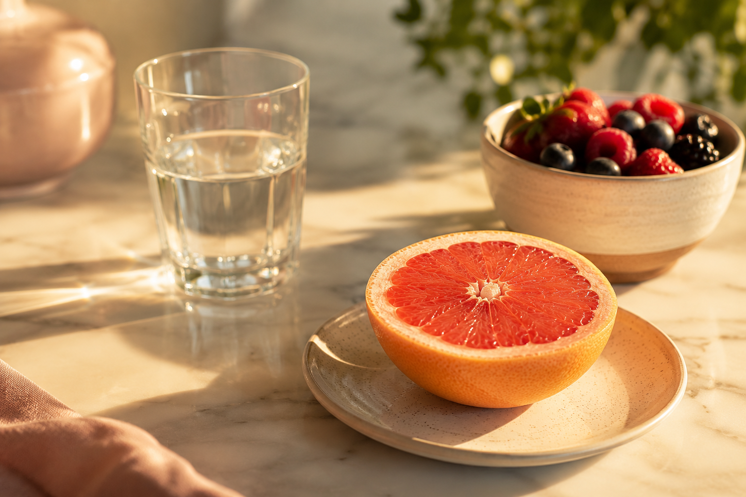 Minimalist breakfast with fresh fruit on marble illuminated by morning light