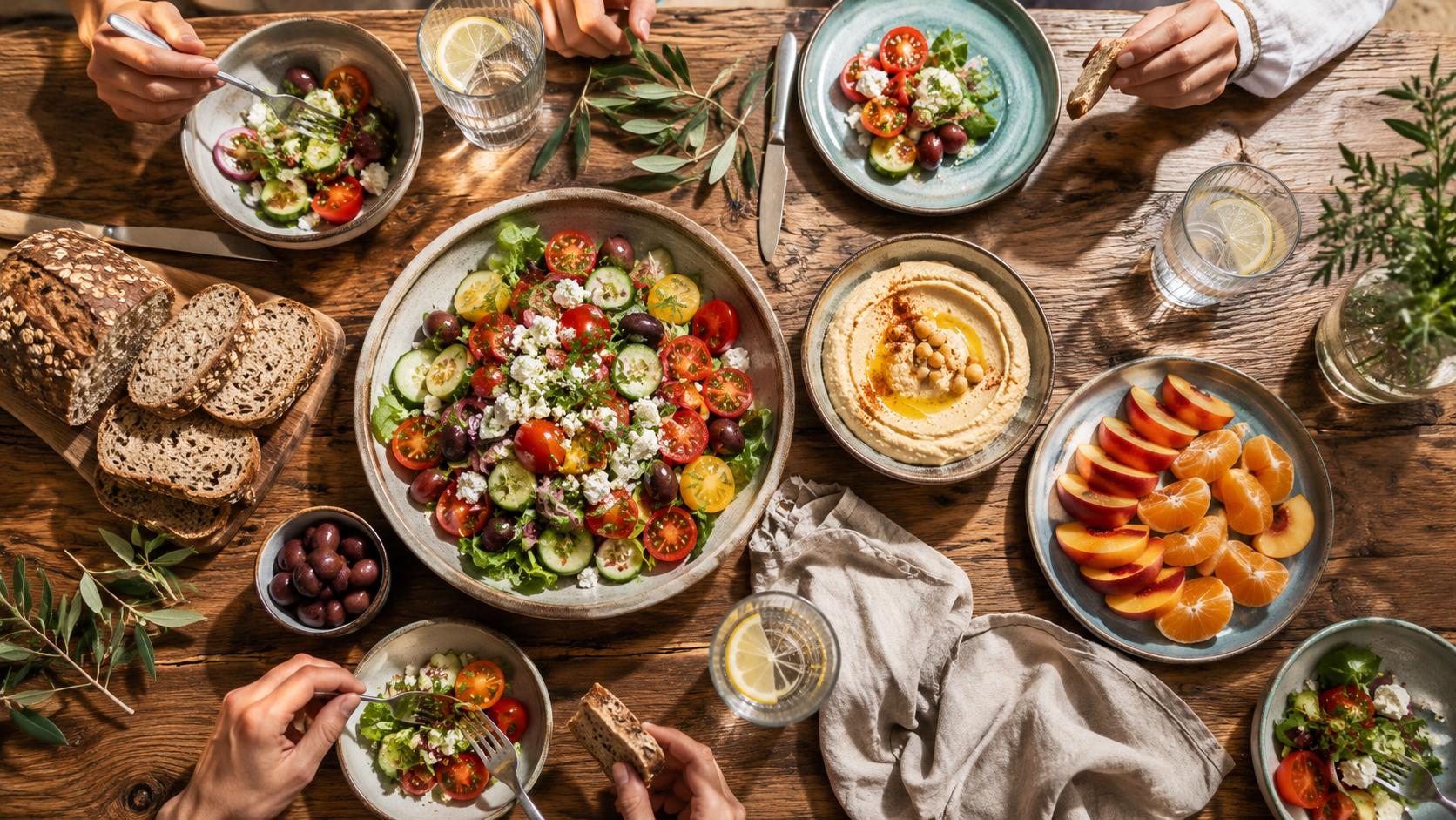 Table with a Mediterranean main meal and fresh fruit as an accompaniment