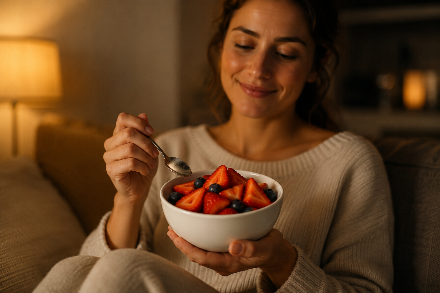 Woman eating fruit at night at home in a relaxed way