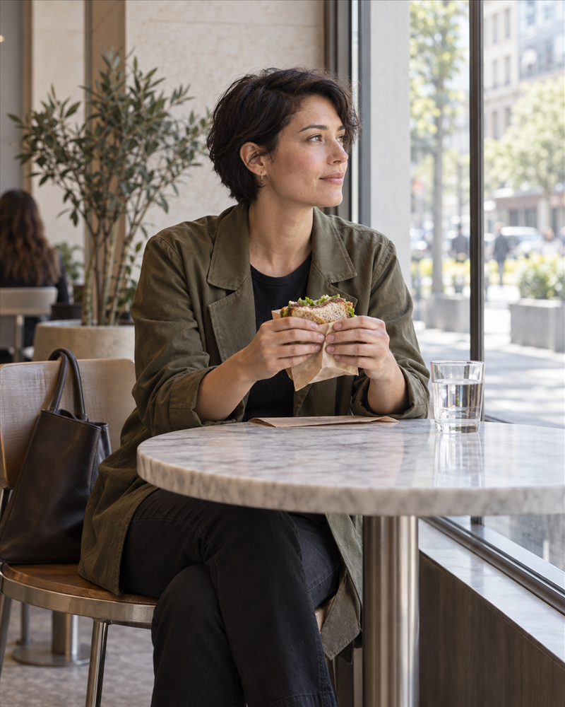 Persona haciendo una pausa para comer en una cafetería