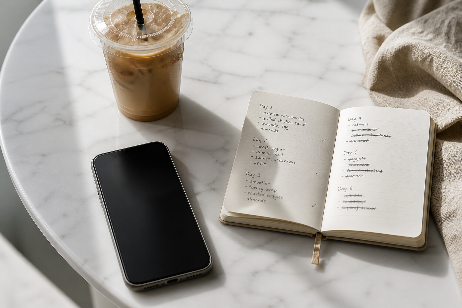 Powered-off smartphone next to an incomplete food log notebook