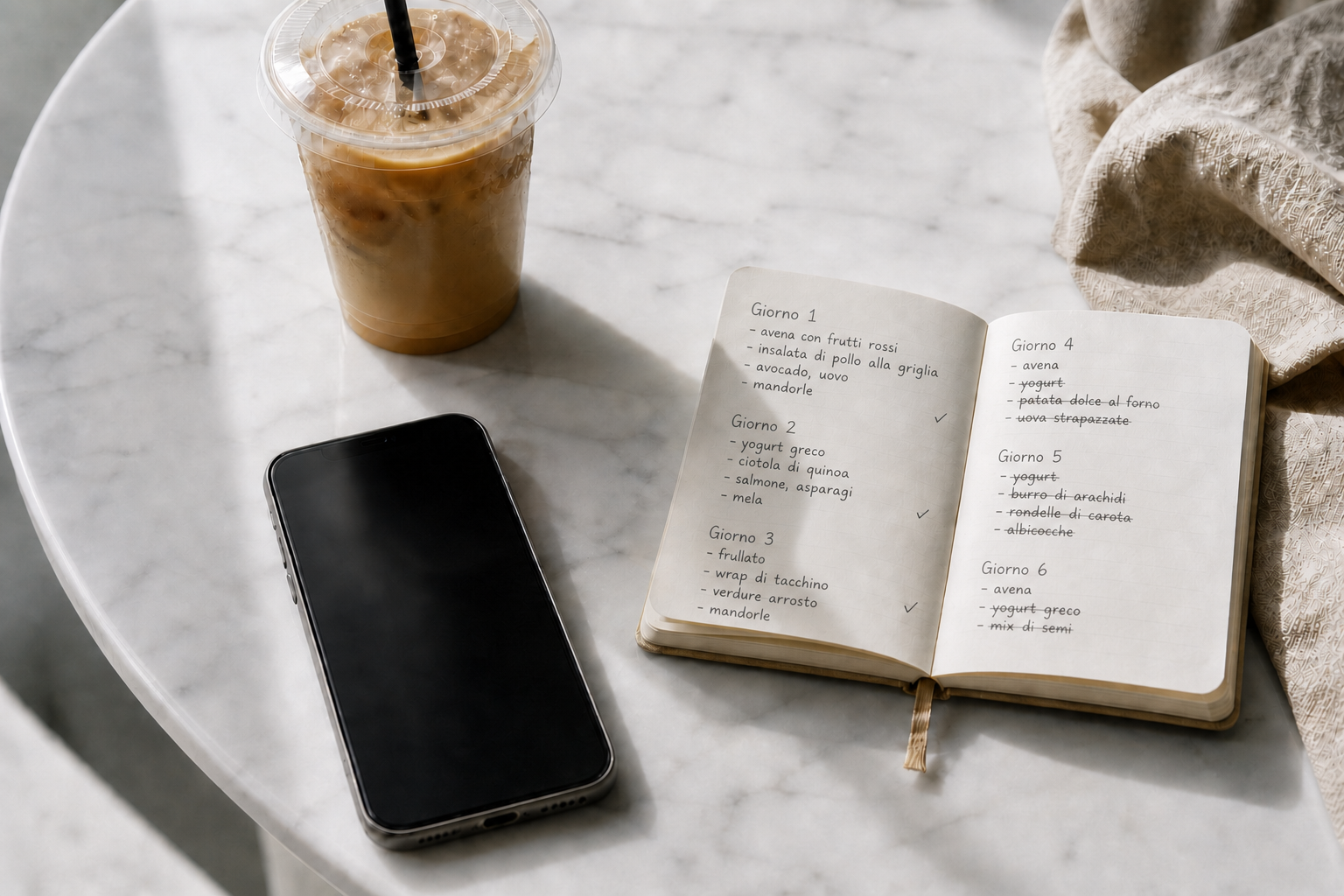 Smartphone spento accanto a un quaderno di monitoraggio alimentare incompleto
