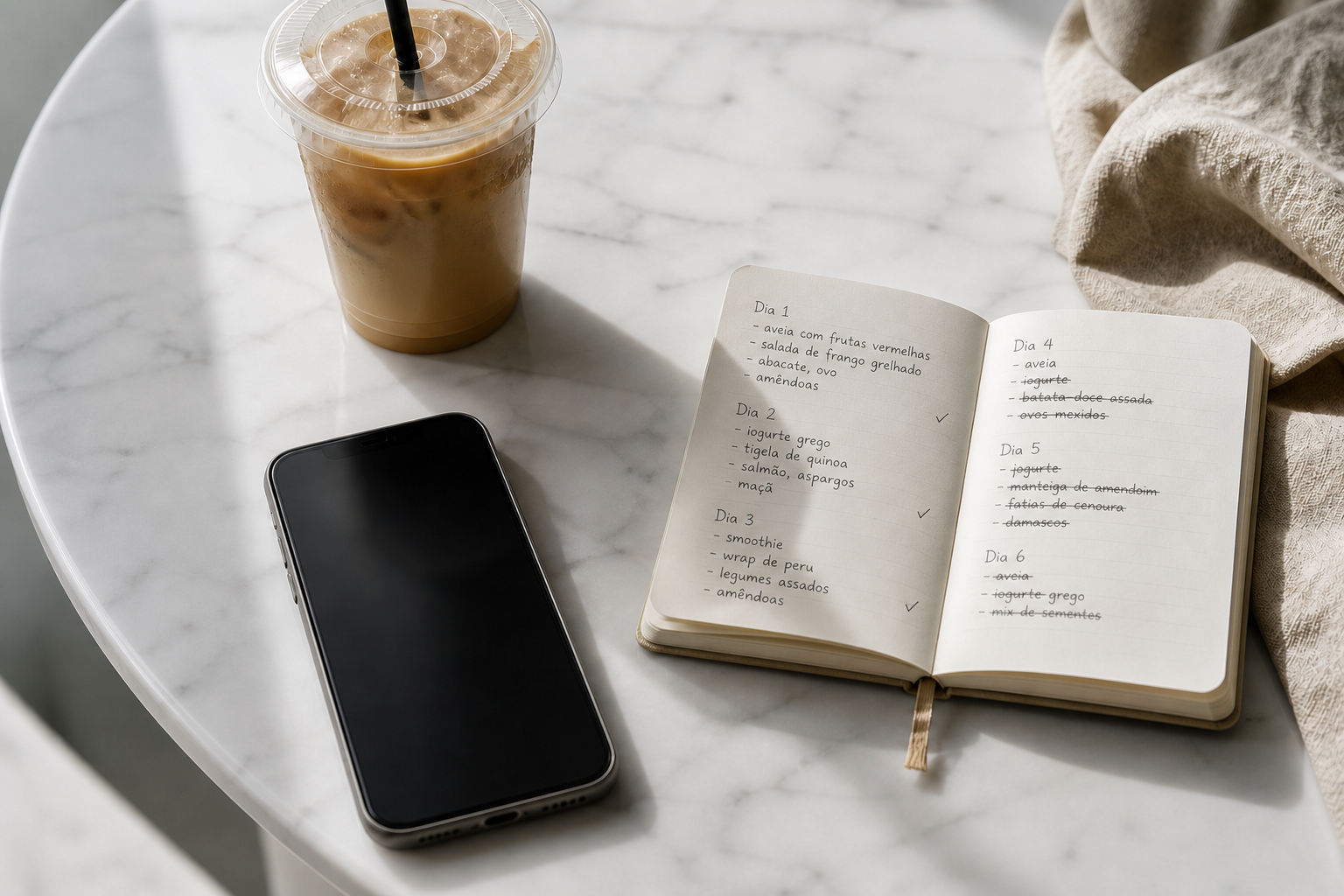 Smartphone desligado ao lado de um caderno de registro alimentar incompleto
