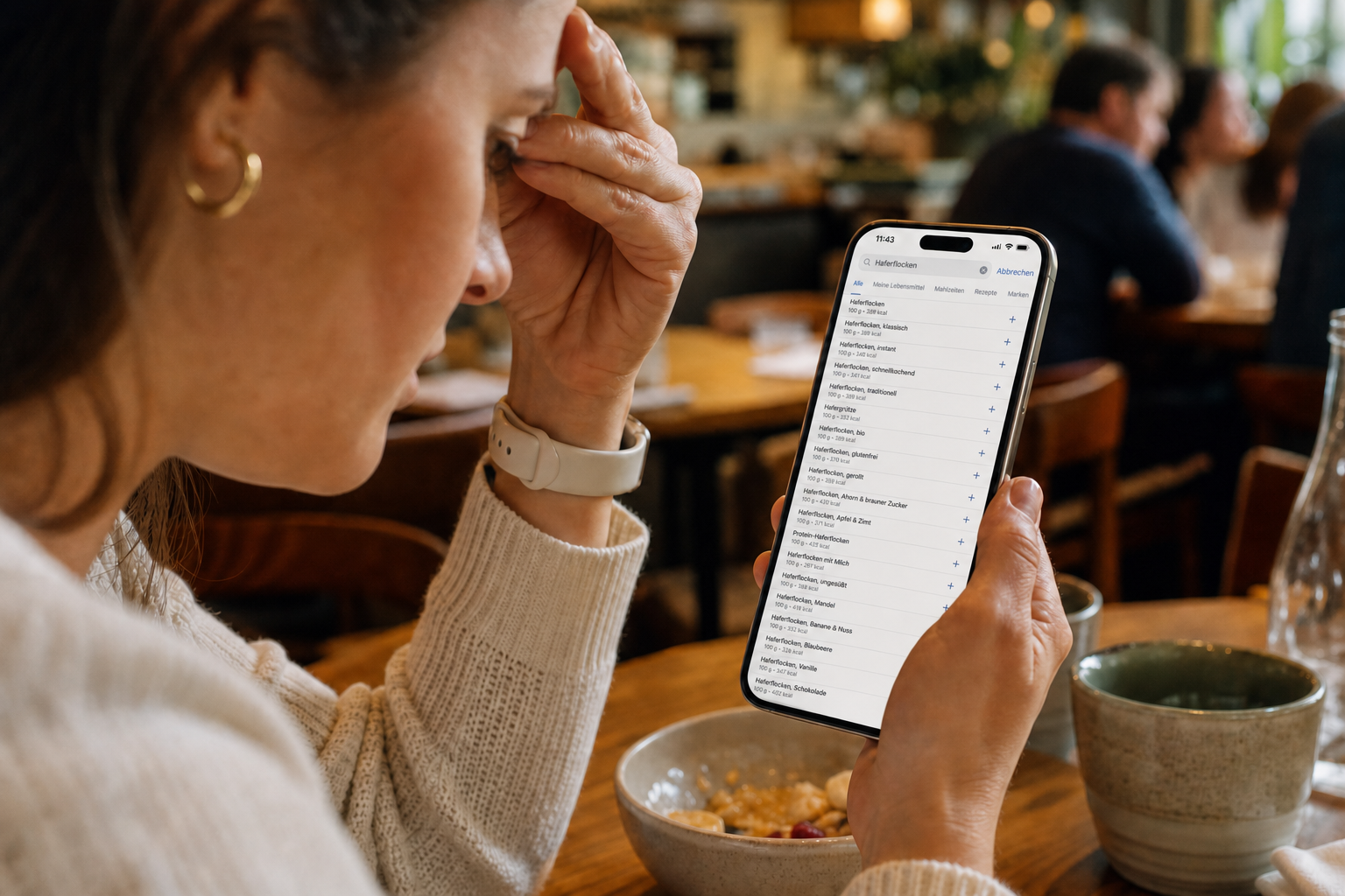 Person sucht in einer Ernährungs-App nach einem Lebensmittel in einer endlosen Liste
