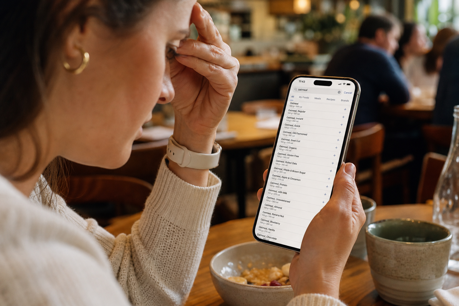Person searching for a food item among an endless list in a nutrition app