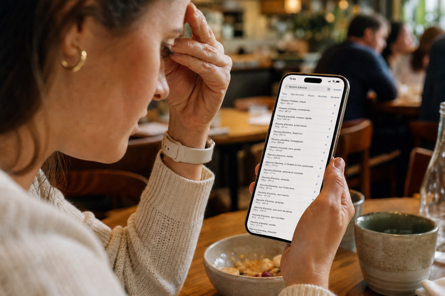 Personne cherchant un aliment parmi une liste interminable dans une application de nutrition