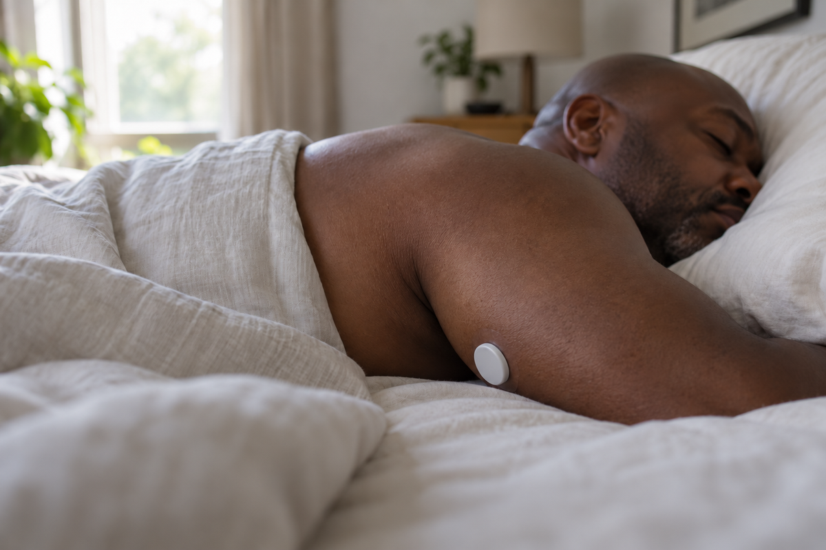 Mann schläft seitlich mit einem Sensor am Arm neben der Bettdecke