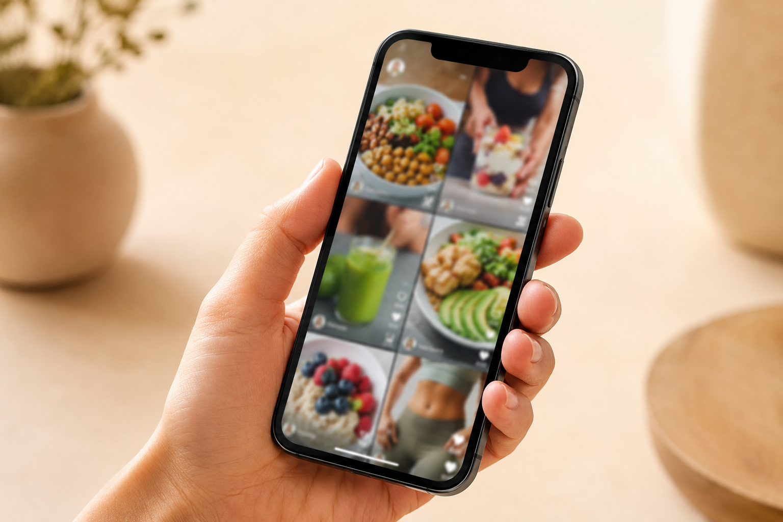 Hand holding a phone with a feed of nutrition videos on TikTok